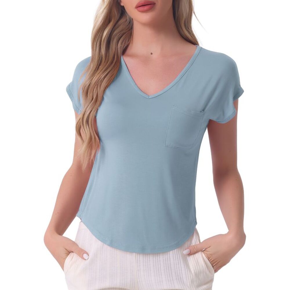 Sleep T-Shirt V-Neck Pajamas Top with Pockets Light Blue